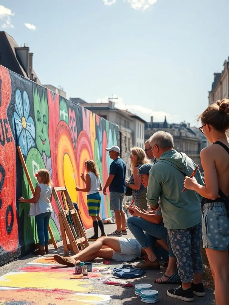 A vibrant photograph capturing participants engaged in a collaborative mural painting workshop, showcasing diverse age groups and artistic expressions, set against a backdrop of urban Bourges.
