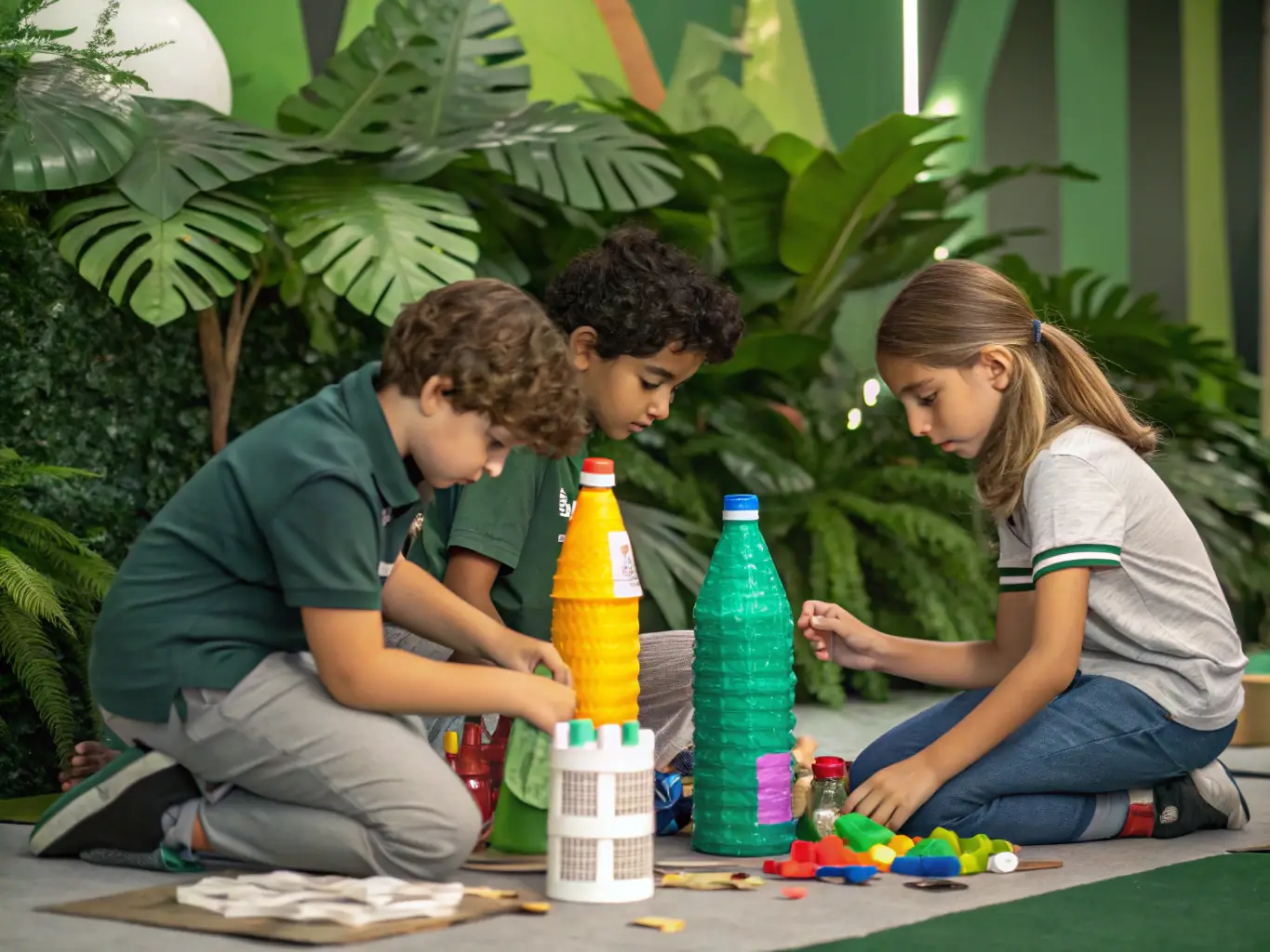 A photograph of a group of young people participating in an artistic creation project, using recycled materials to build a sculpture, with a focus on environmental sustainability and creative expression.