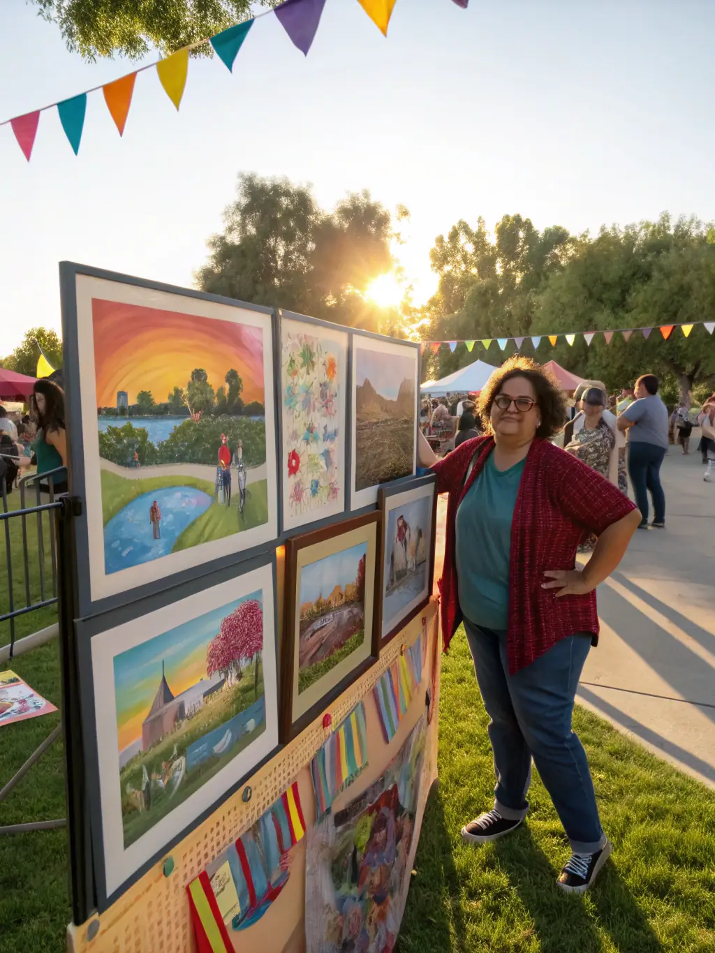 A captivating photograph of a local artist showcasing their work at a community art exhibition, with attendees admiring the artwork and engaging in conversations, highlighting the promotion of local talent.