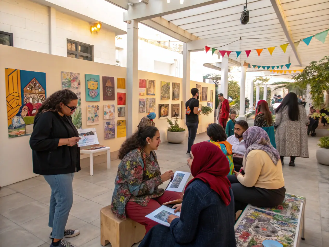 A photograph showcasing a community art exhibition, featuring diverse artworks created by local artists and residents. The exhibition is held in a public space, attracting a wide audience and fostering community pride.