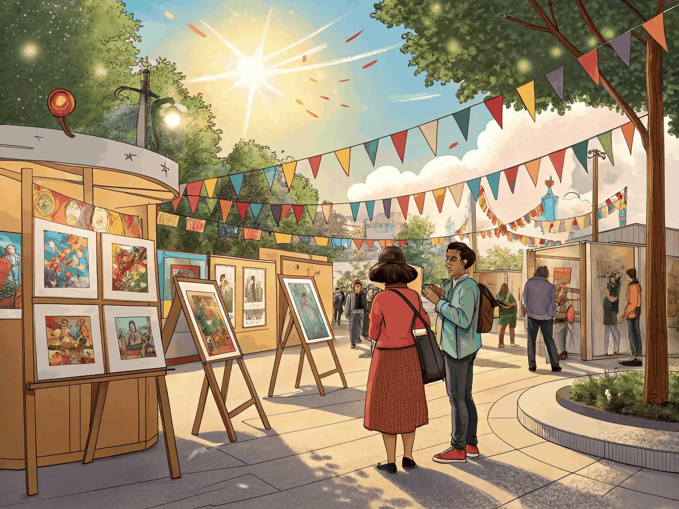 A dynamic image showing a CULTURAL EARTHQUAKE event in full swing, with artists showcasing their work and community members interacting and enjoying the cultural experience.