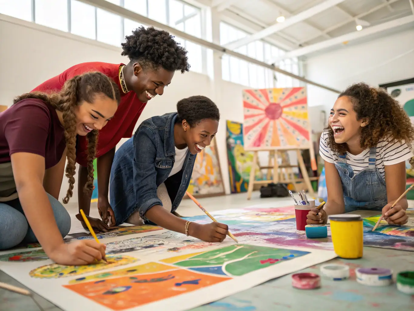 A vibrant image of participants engaged in a visual arts workshop, showcasing collaborative painting on a large canvas, with diverse age groups and backgrounds represented.