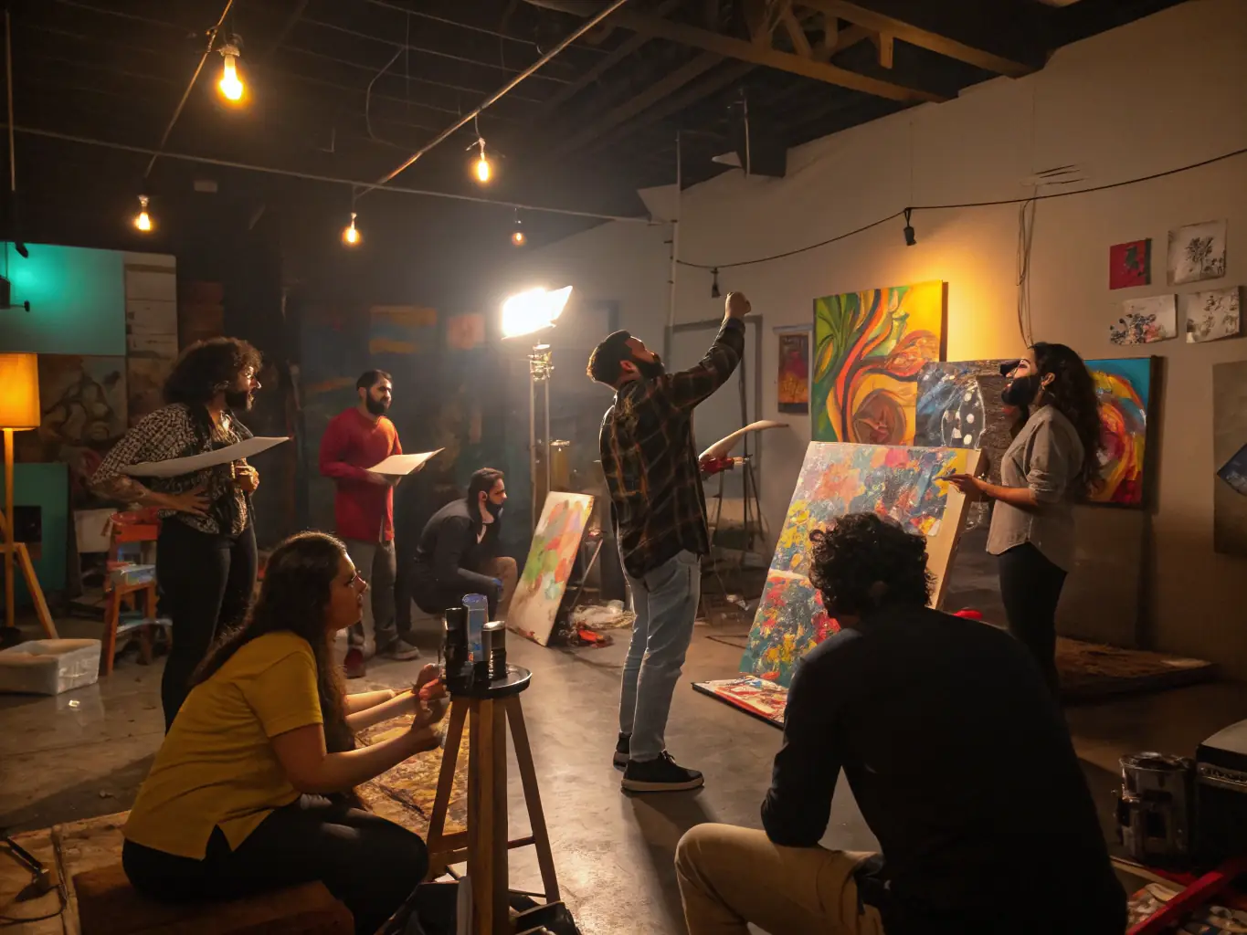 A vibrant image of community members participating in a painting workshop, with artists guiding attendees in a bright, welcoming studio. The scene captures the essence of collaboration and creative expression.