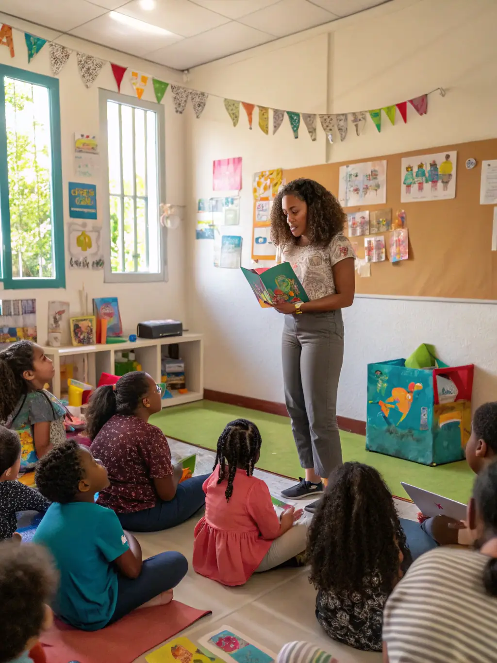 A heartwarming scene of children and seniors interacting during a storytelling event, with books and art supplies scattered around, emphasizing intergenerational learning and cultural exchange.