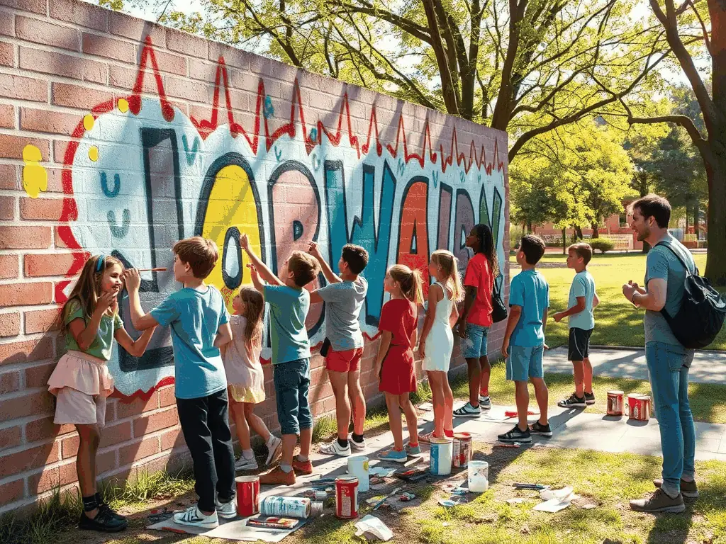 A vibrant image depicting participants engaged in a collaborative art project during a CULTURAL EARTHQUAKE workshop, showcasing community engagement and artistic expression.