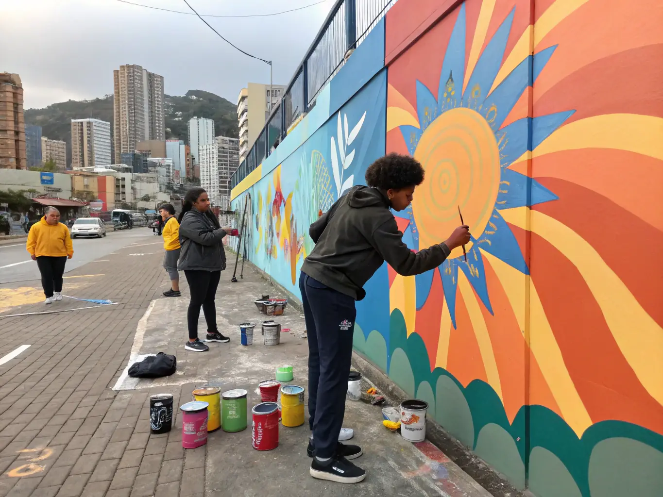 A dynamic image of a group of young people participating in a mural painting project in a public space. The mural reflects local culture and history, and the participants are working together to create a vibrant and meaningful artwork.